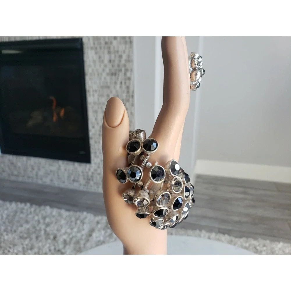 Silver Pewter Avant Gard Chunky Black/Clear Crystal Bracelet Ring Set 8 Signed